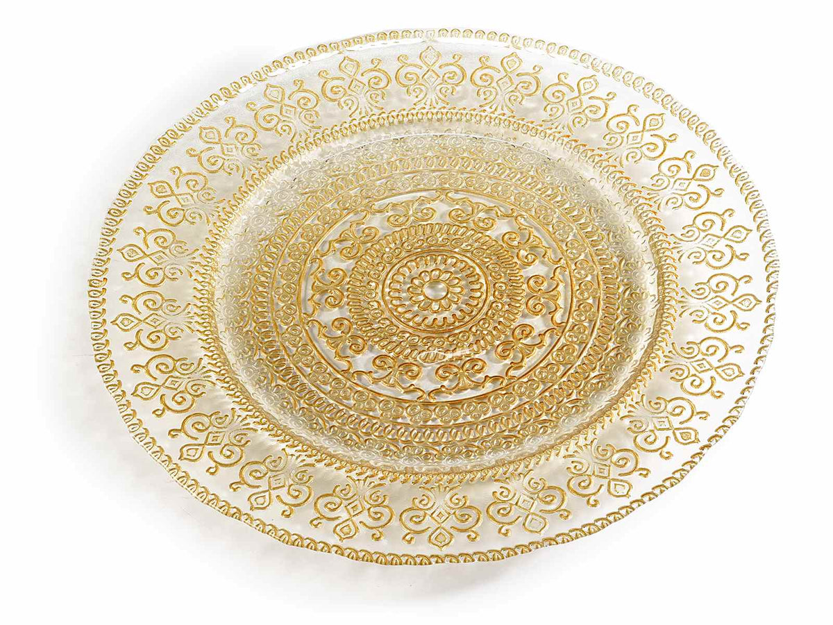 Piatti tondi adatti al contatto alimentare in vetro con decoro oro ad effetto ricamo, set da 2 pezzi, Ø 32,5 cm