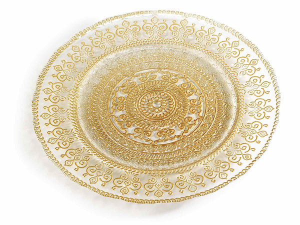 Set di 2 piatti tondi adatti al contatto alimentare in vetro con decoro oro ad effetto ricamo, Ø 32,5 cm