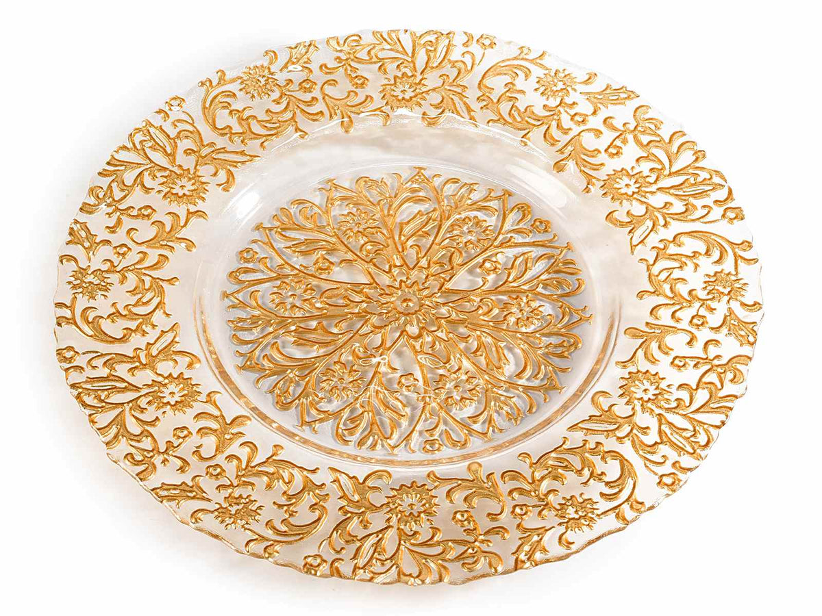 Piatti tondi per alimenti in vetro decoro dorati con effetto ricamo, set da 2 pezzi, Ø 33 cm