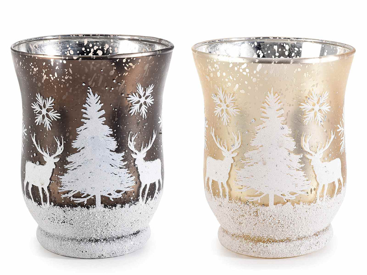 Set di 6 portacandela di Natale in vetro con decori paesaggio innevato e renne, Ø 8,5 cm x 11 H