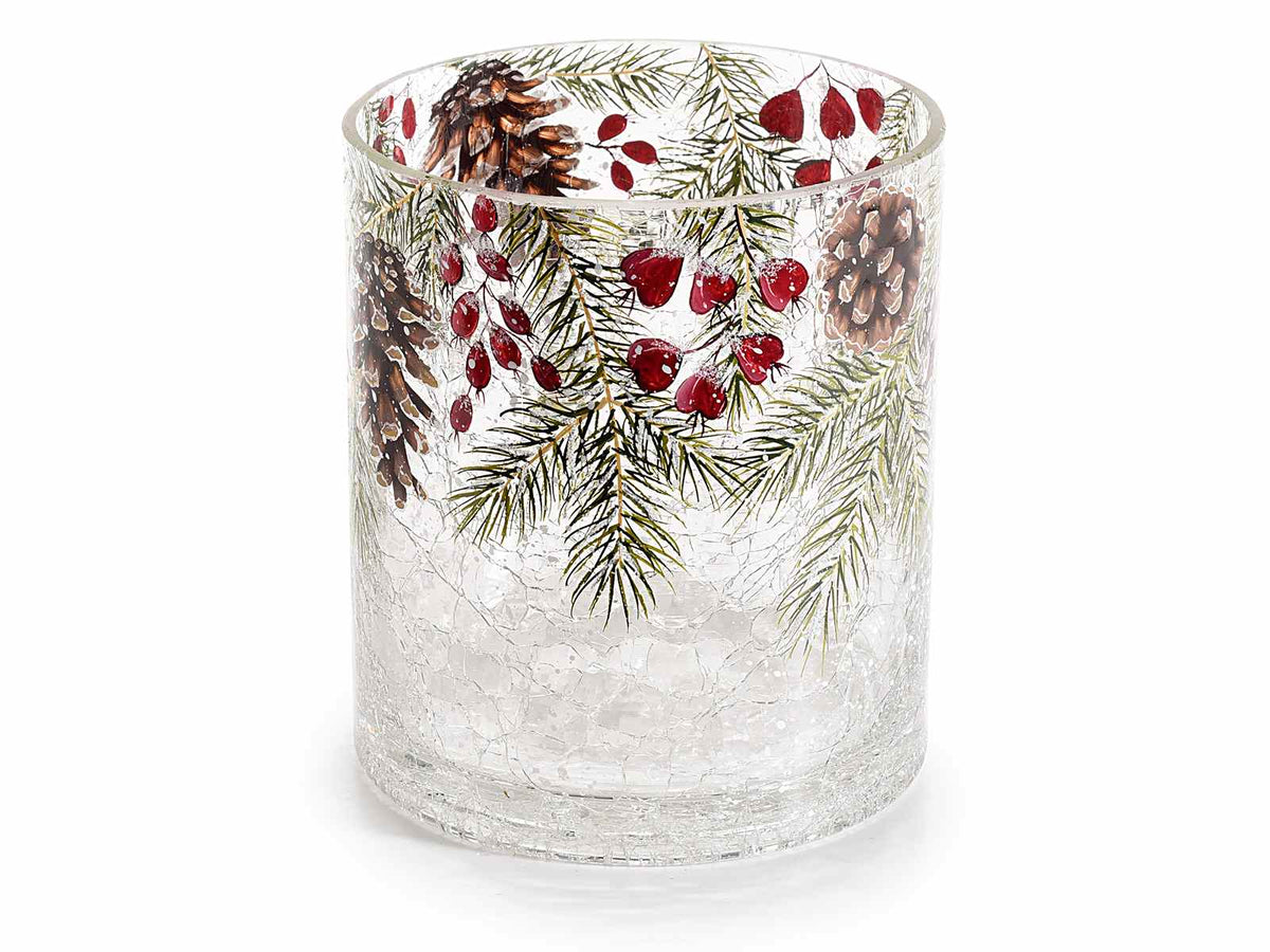 Portacandela a vaso in vetro effetto craquelè con decori invernali con pino, set da 2 pezzi, Ø 11,5 cm x 13 H