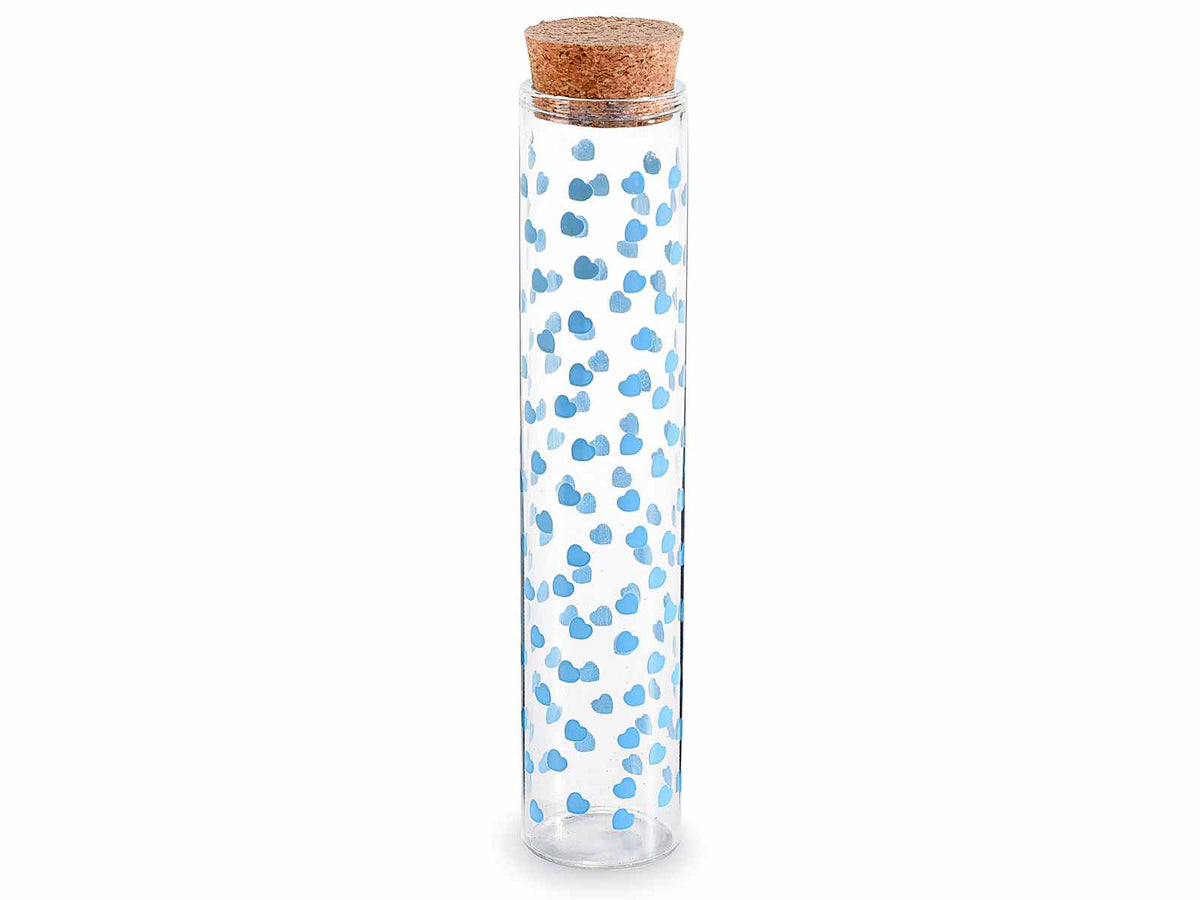 Provette portaconfetti in vetro trasparente con cuoricini blu e tappo sughero, set da 30 pezzi, Ø2,5cmx12H (con tappo12,5)