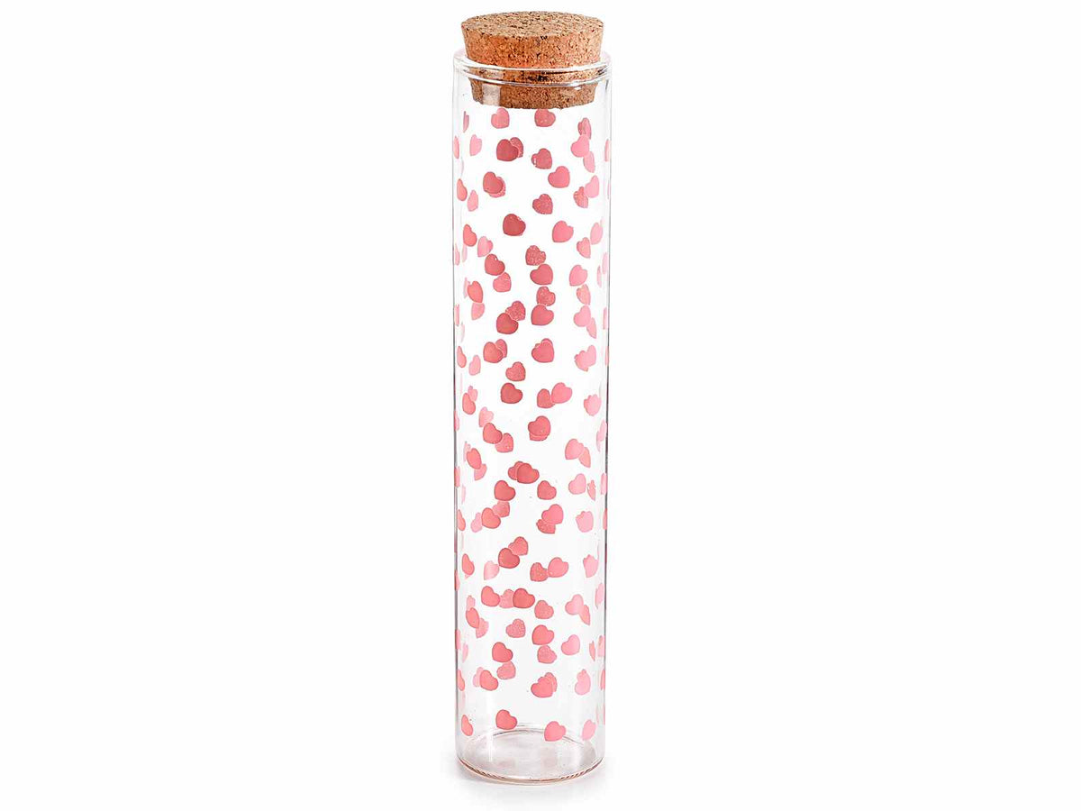 Provette portaconfetti in vetro trasparente con cuoricini rosa e tappo sughero, set da 30 pezzi, Ø2,5cmx12H (con tappo 12,5)