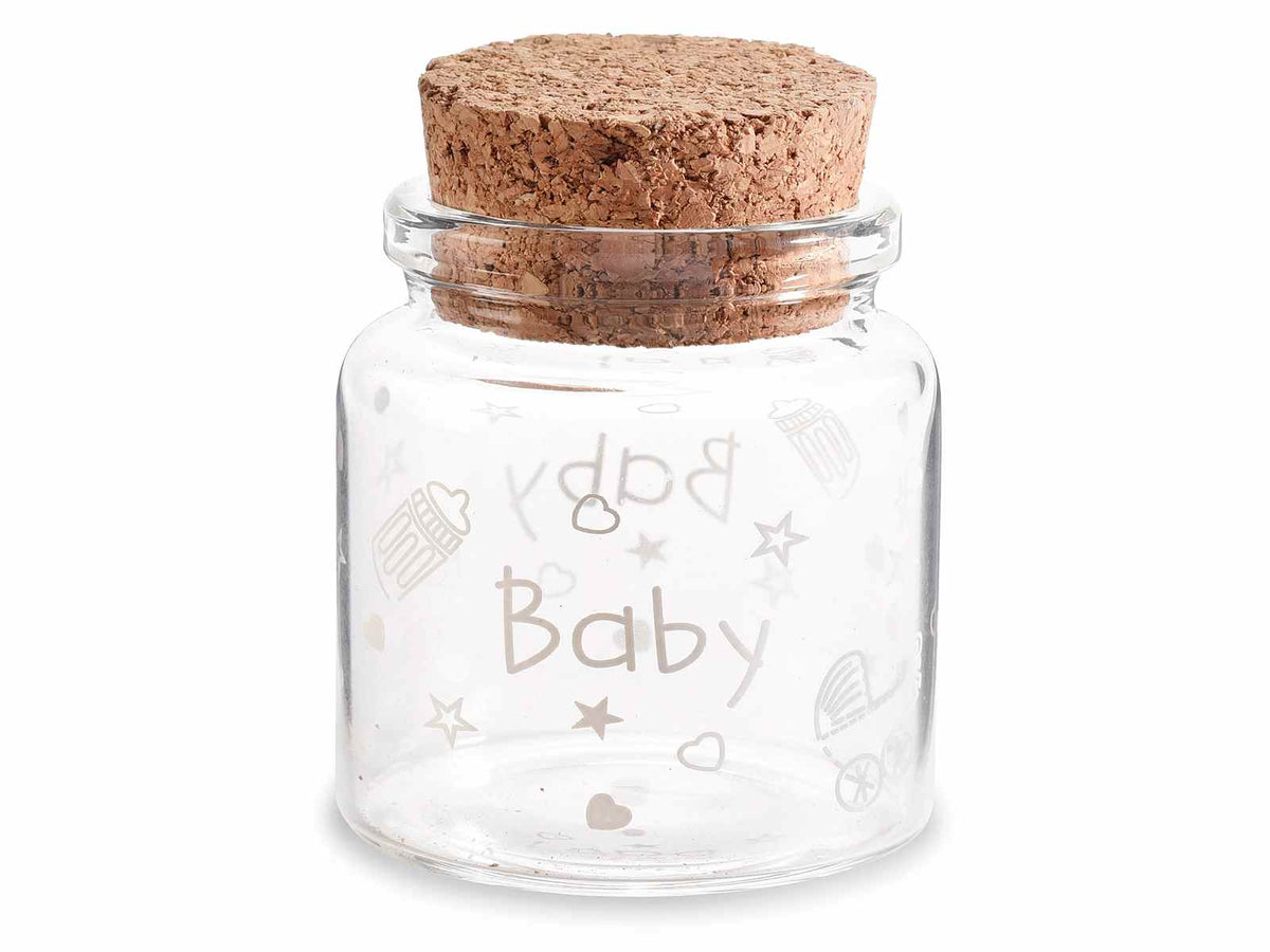Provette di vetro trasparente con decori Baby e tappo in sughero ideale come, set da 20 pezzi, Ø4,7cmx5H (con tappo5,5)