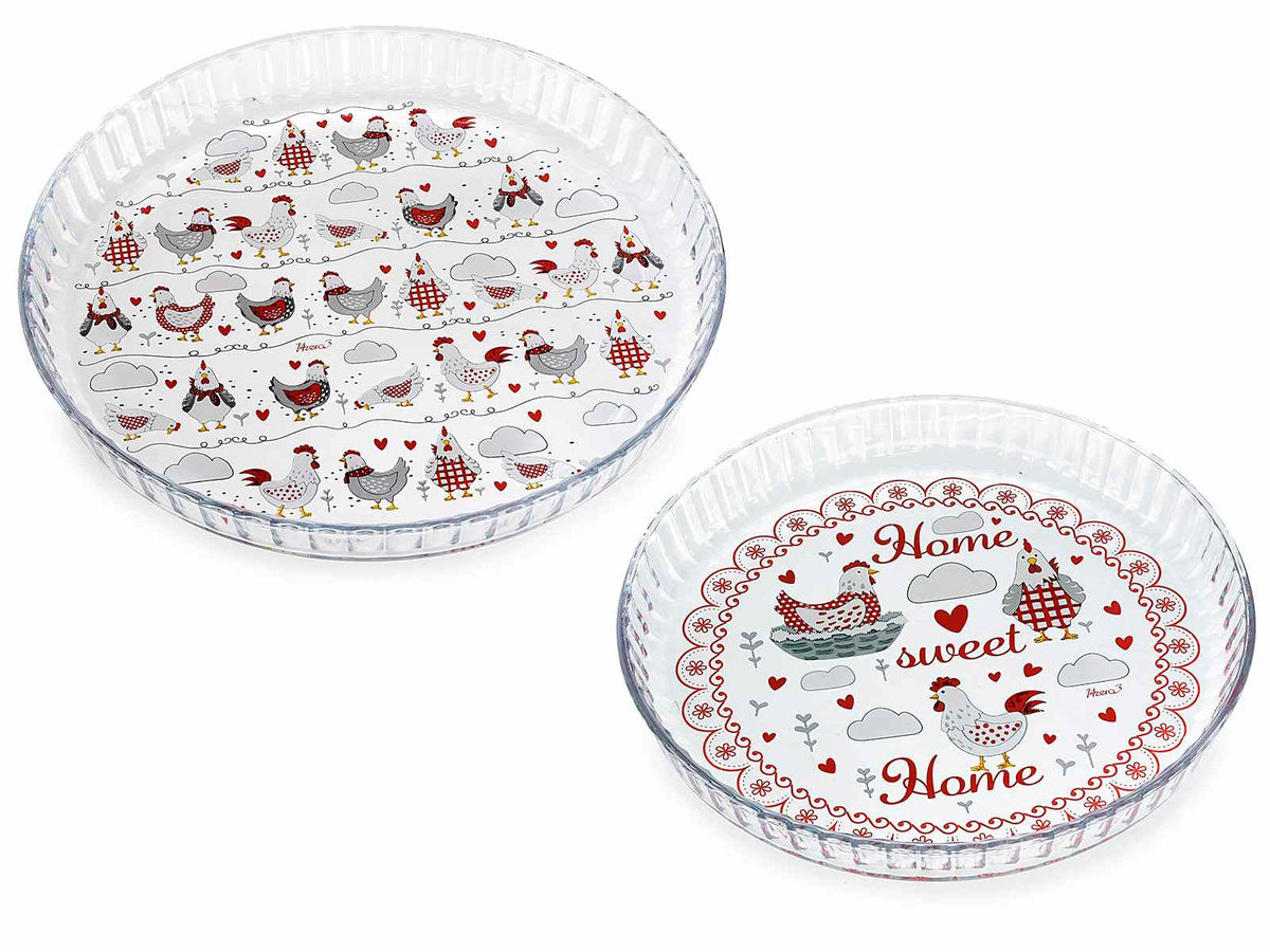 Tortiera / pirofila in vetro adatta all'uso alimentare con decorazioni, Grande: Ø 30,5 cm x 3,5 H