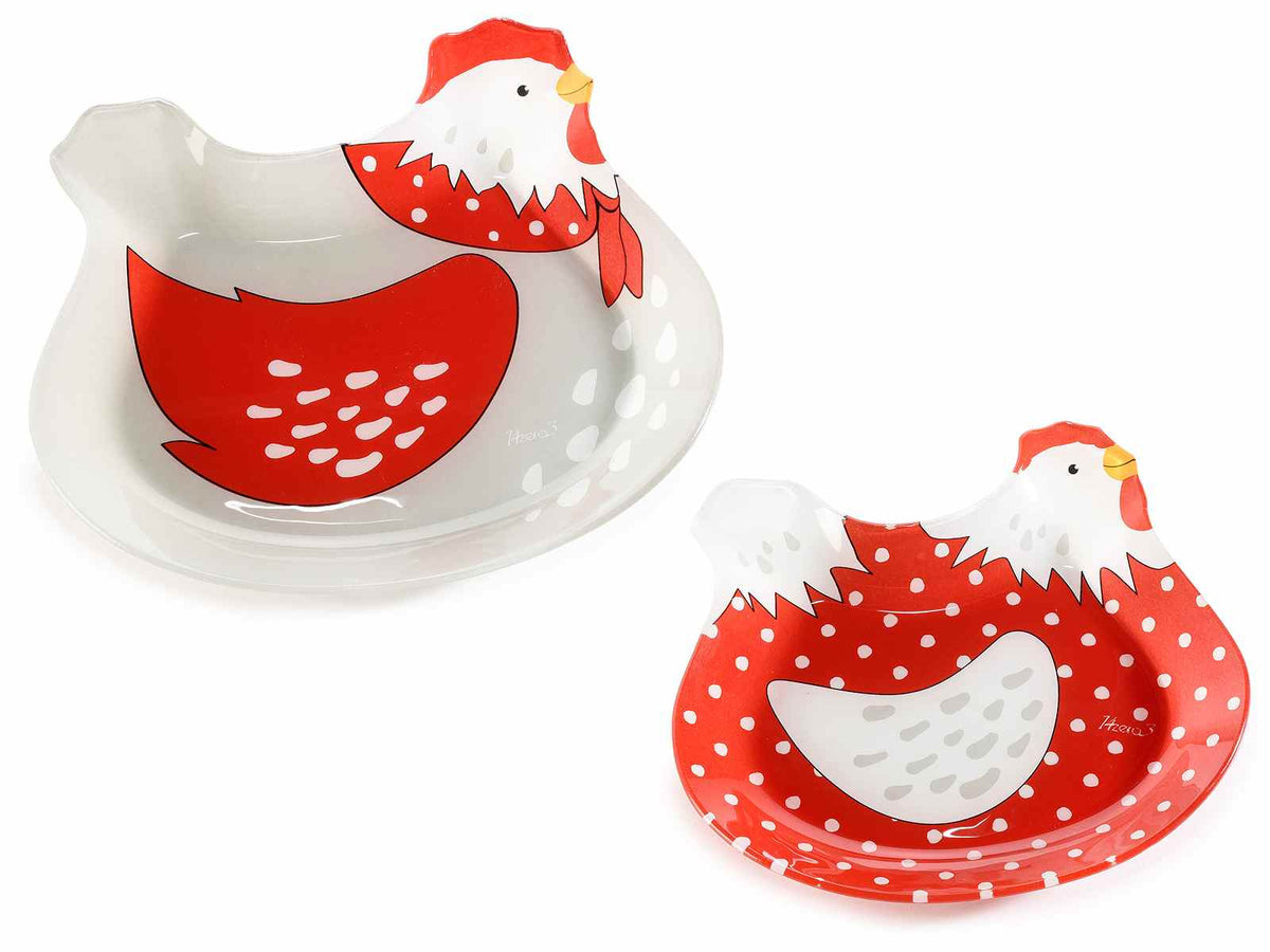 Piatti a forma di gallinella in vetro per alimenti, set da 3 pezzi, Grande: cm 24 x 22 H