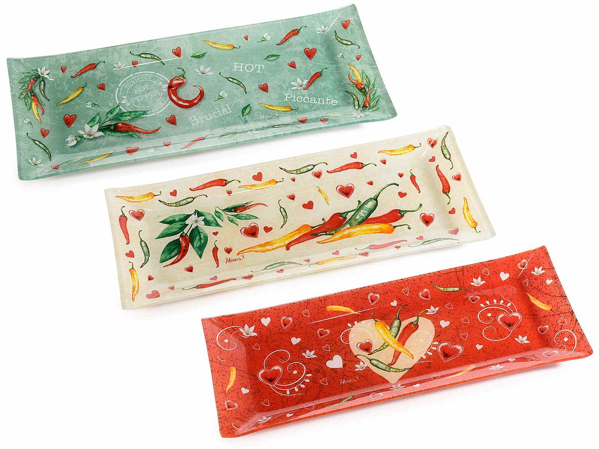 Piatti rettangolare in vetro con decori peperoncini / cornetti portafortuna, set da 6 pezzi, cm 37,5 x 15 H