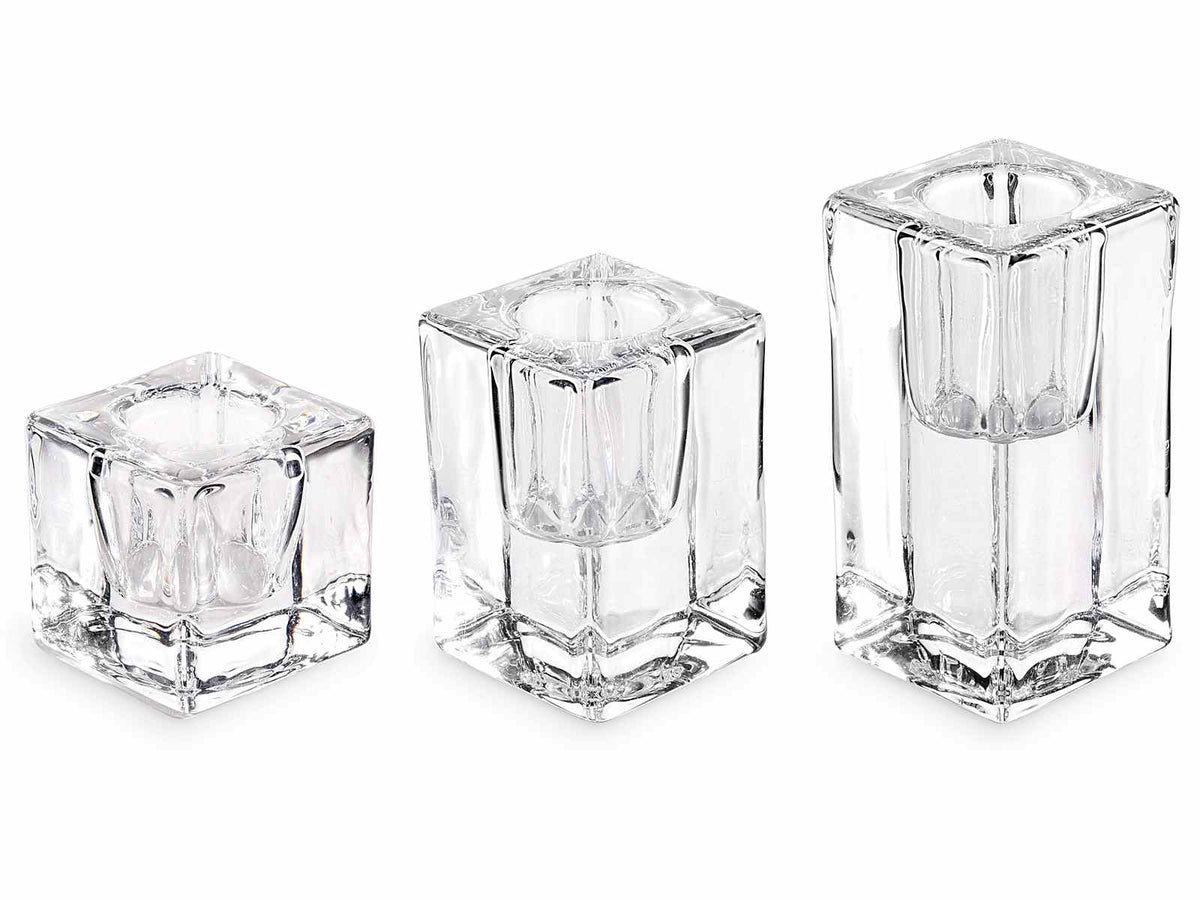 Portacandela in vetro trasparente con base quadrata, set da 3 pezzi, Grande: cm 4 x 4 x 8 H