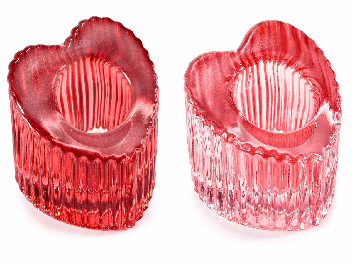 Portacandela a forma di cuore in vetro colorato zigrinato rosso e rosa, ideali, set da 12 pezzi, cm 4,5 x 4,5 x 5 H