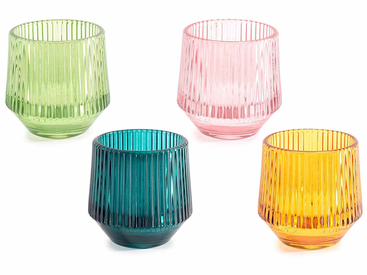 Portacandele tealight in vetro zigrinato colorato con base ricurva, set da 16 pezzi, Ø 7,5 cm x 8 H