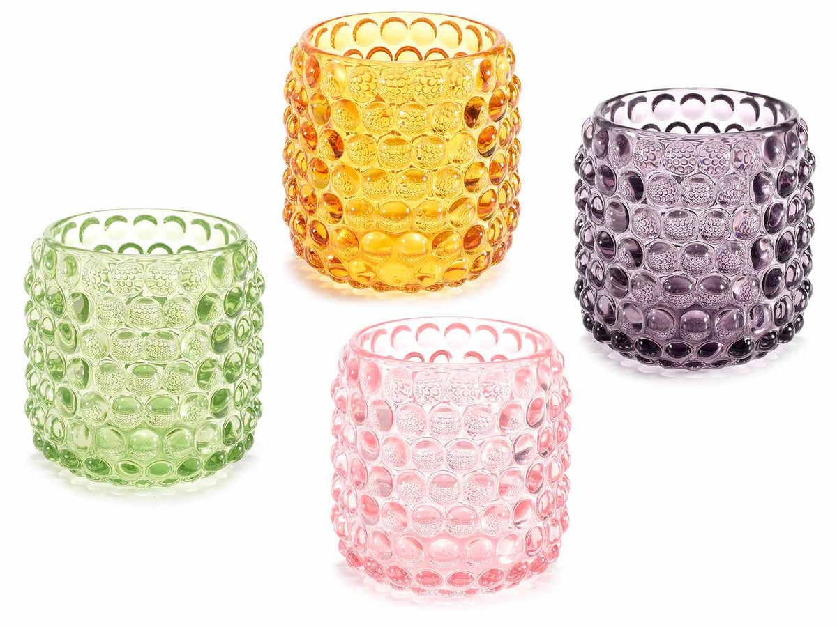 Portacandele a bicchiere in vetro colorato e lavorato a rilievo pois, set da 8 pezzi, Ø 8 cm x 8,5 H