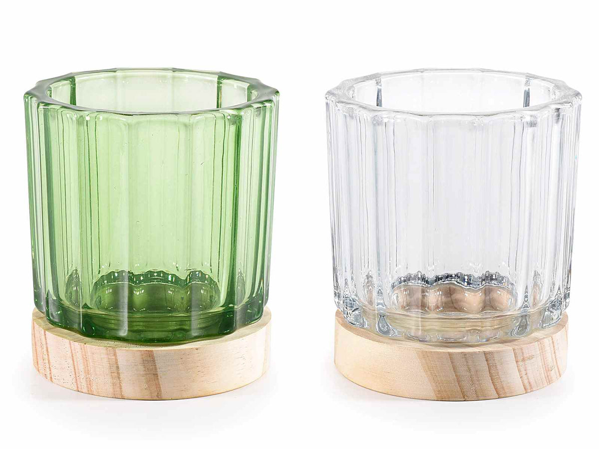 Porta candela tealight in vetro zigrinato verde e trasparente con base in legno, set da 4 pezzi, Ø 8,5 cm x 10 H