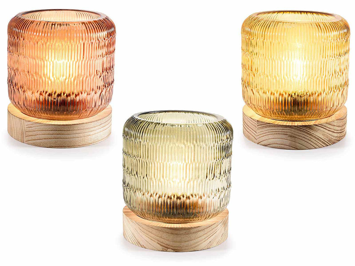Lampade in vetro colorato con base in legno e luce a LED, set da 3 pezzi, Ø 13 cm x 14,5 H
