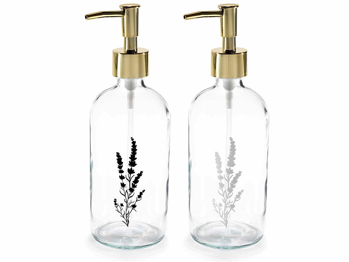 Dispenser per sapone liquido in vetro trasparente con decorazioni bianche, set da 8 pezzi, cm 8 x 7,5 x 22 H