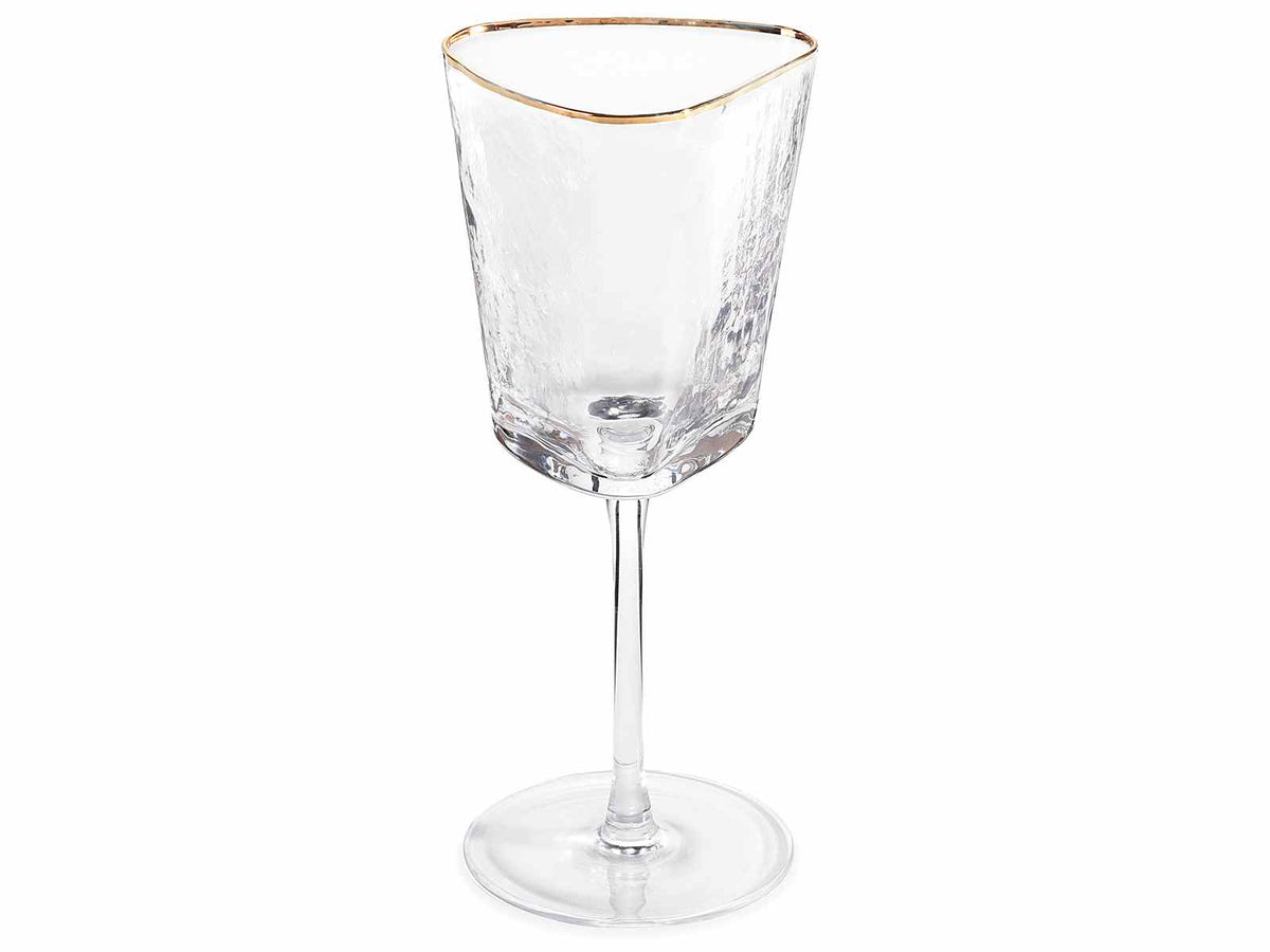 Bicchieri a calice triangolare in vetro martellato con bordo dorato ideali, set da 2 pezzi, cm 9 x 8,5 x 21,5 H