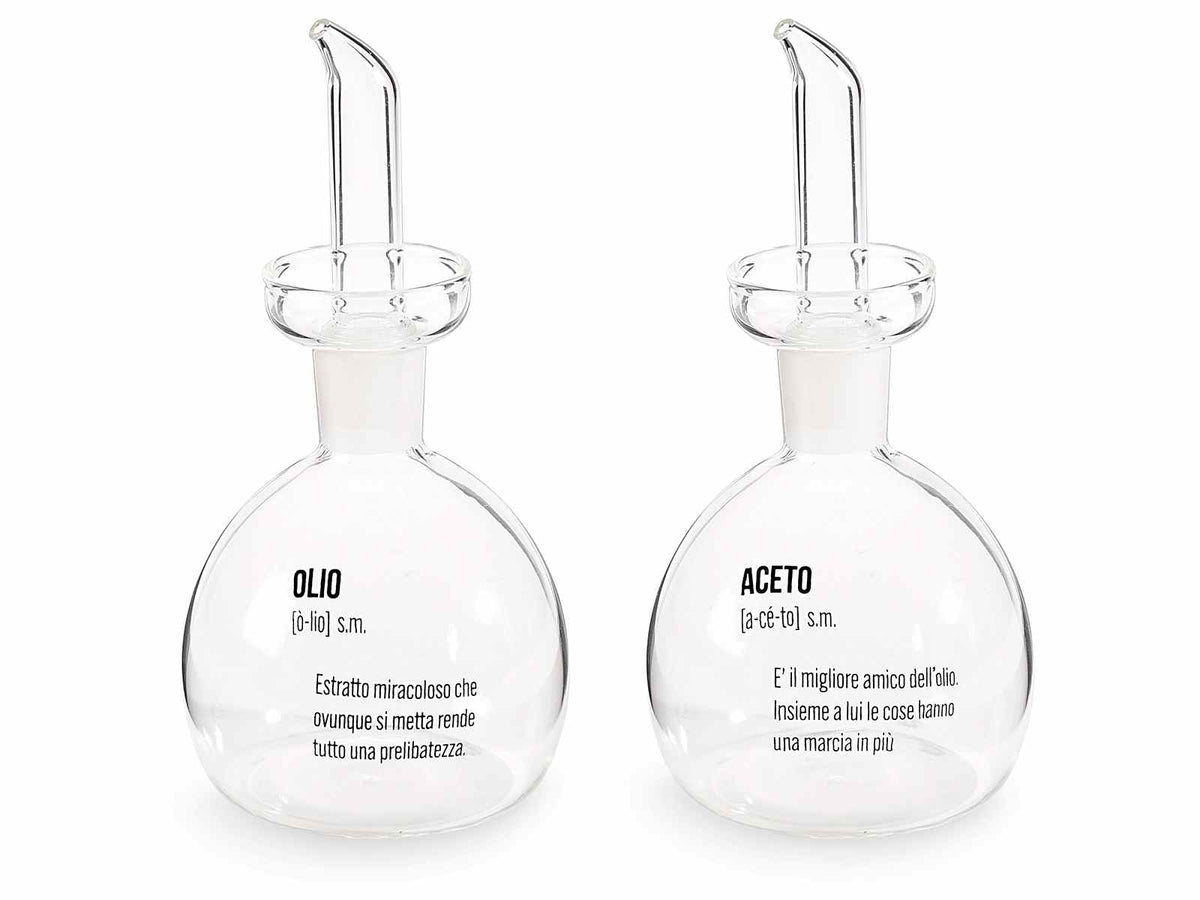 Ampolle olio / aceto in vetro con tappo dosatore e scritte decorative, set da 4 pezzi, Ø 8,5 cm x 17 H