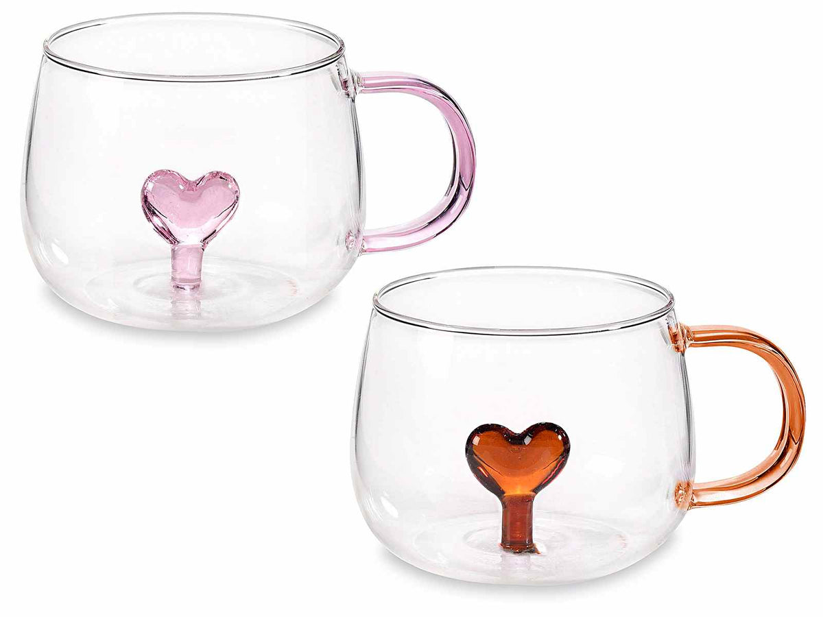 Tazze in vetro trasparente borosilicato con cuoricino interno 3D e manico, set da 6 pezzi, Ø 9 cm x 7,5 H