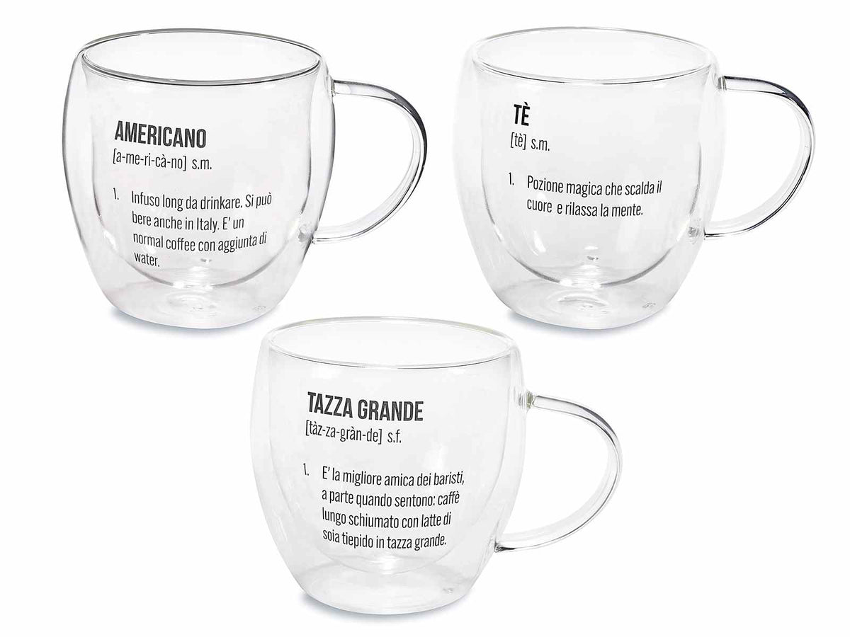 Tazze in vetro borosilicato con doppio fondo e scritte dizionario decorative Tè, set da 6 pezzi, Ø 9,5 cm x 9 H