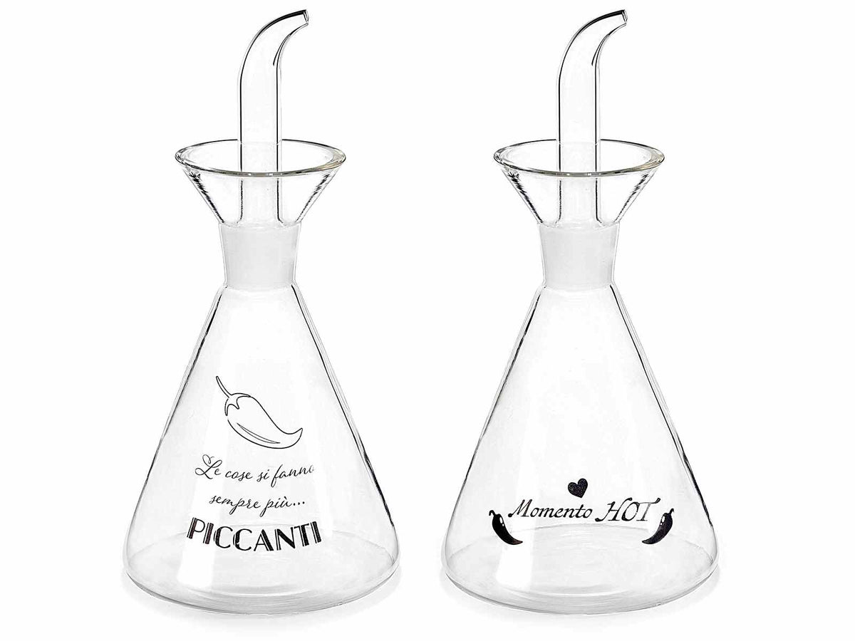 Oliere a cono di vetro con tappo dosatore con decoro peperoncino e scritte, set da 4 pezzi, Ø 9 cm x 18,5 H