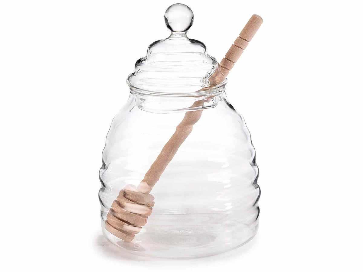 Barattoli porta miele in vetro trasparente con bacchettina coglimiele in legno, set da 4 pezzi, Ø 9,5 cm x 14 H