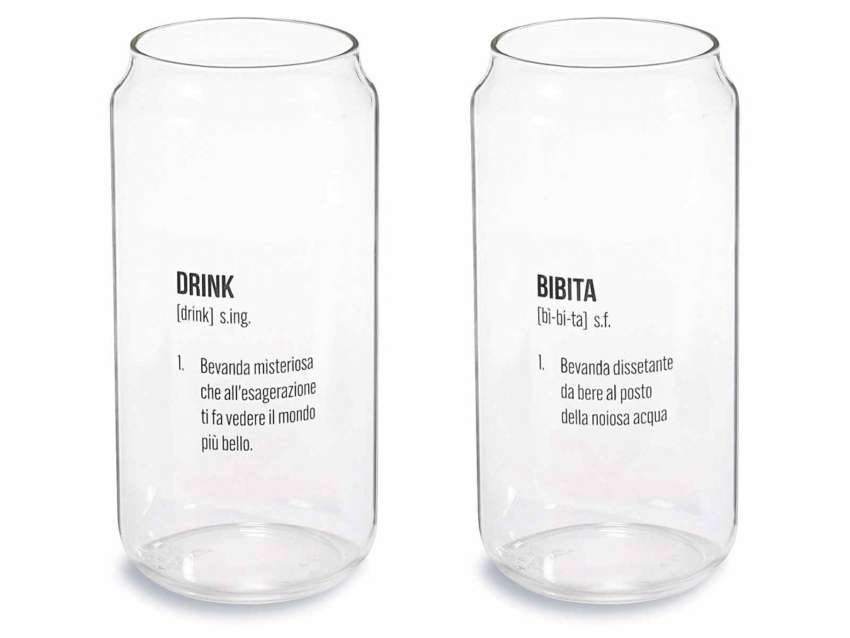 Bicchieri in vetro a forma di lattina con scritte Drink / Bibita, set da 6 pezzi, Ø 6 cm x 15 H