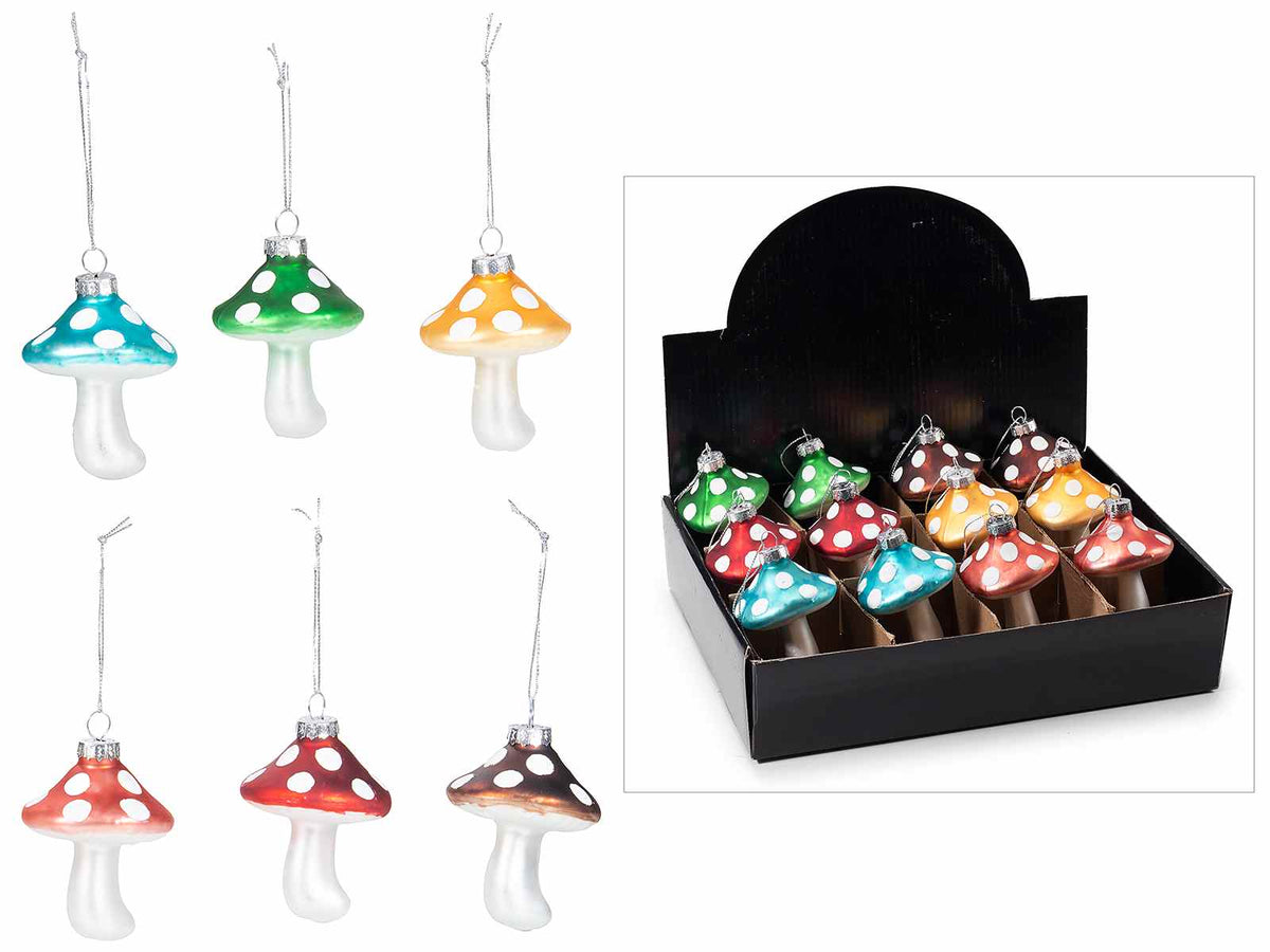Funghetti in vetro colorato da appendere all'albero in espositore da 12 pezzi, set da 12 pezzi, Ø 5,5 cm x 8,5 H