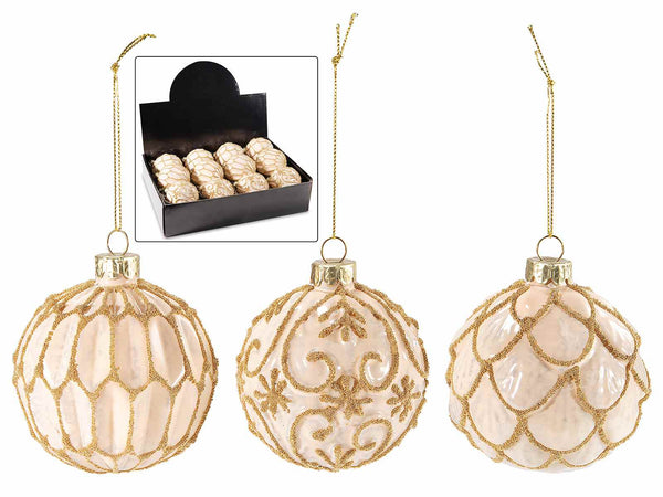 Palline di Natale in vetro da appendere con decori dorati in espositore da 12, set da 12 pezzi, Ø 8 cm