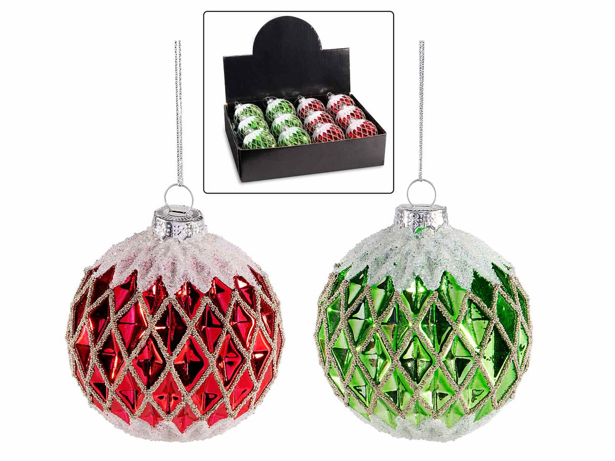 Palline in vetro colorato con decori argento da appendere, in espositore da 12, set da 12 pezzi, Ø 8 cm
