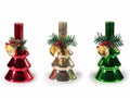 Candelabro di Natale portacandela a forma di albero in vetro con pino e campanella, set da 3 pezzi, Ø 8,5 cm x 16,5 H