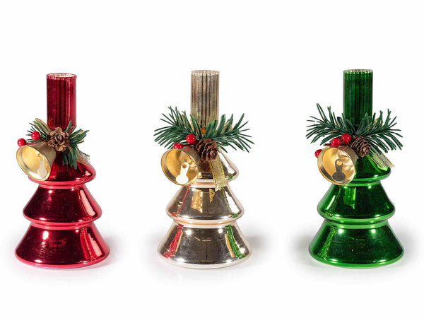 Set di 3 candelabro di Natale portacandela a forma di albero in vetro con pino e campanella, Ø 8,5 cm x 16,5 H