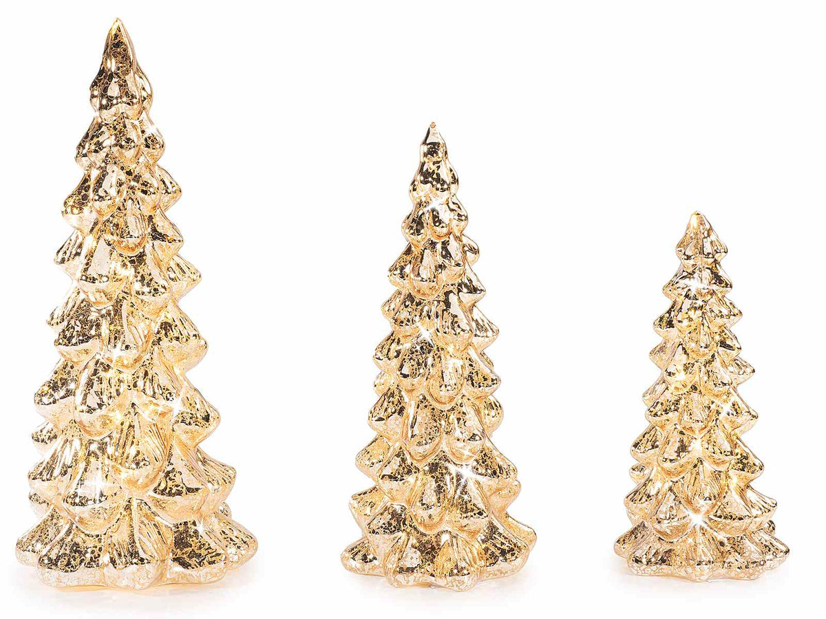 Alberi di Natale in vetro lavorato oro con luce LED, Grande: Ø 13 cm x 30 H