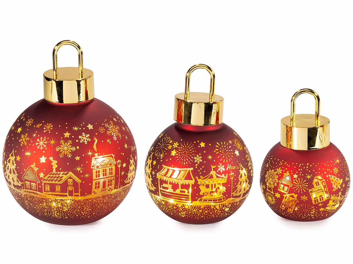 Lampade a pallina natalizia in vetro decorato con luce led e decori villaggio, Grande: Ø 14,5 cm x 19,5 H