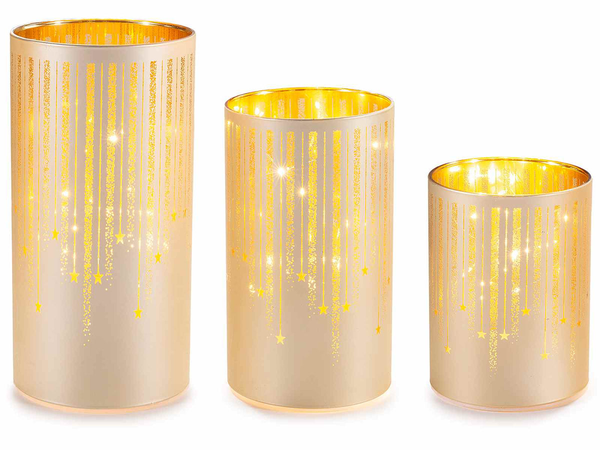 Lampade Natalizie oro a cilindro in vetro decorato con luci LED, Grande: Ø 10 cm x 20 H