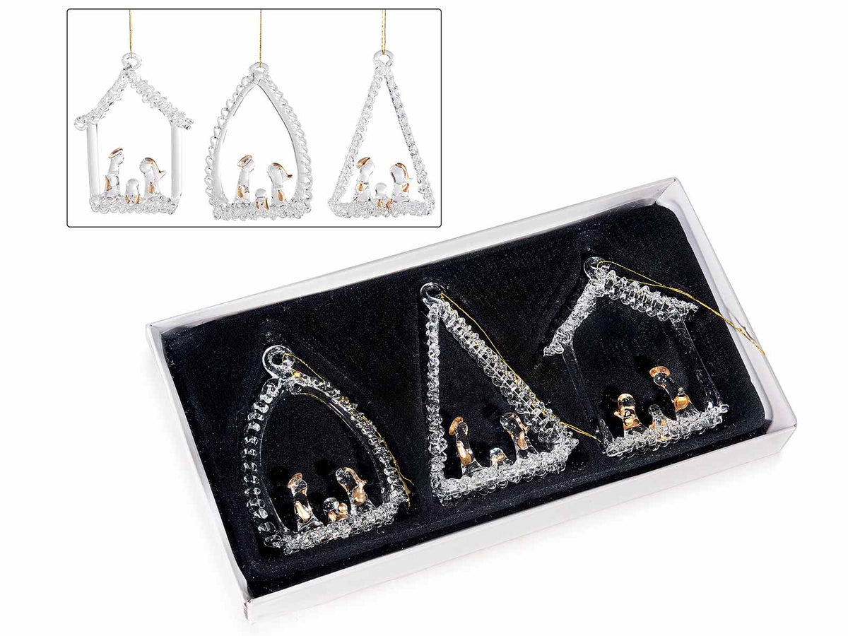 Presepe Sacra Famiglia in vetro con dettagli dorati da appendere in scatola, set da 4 pezzi, cm 5 x 8 H