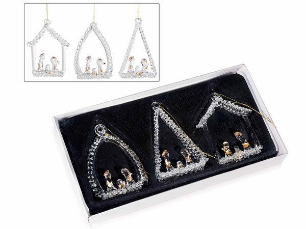 Presepe Sacra Famiglia in vetro con dettagli dorati da appendere in scatola, set da 4 pezzi, cm 5 x 8 H