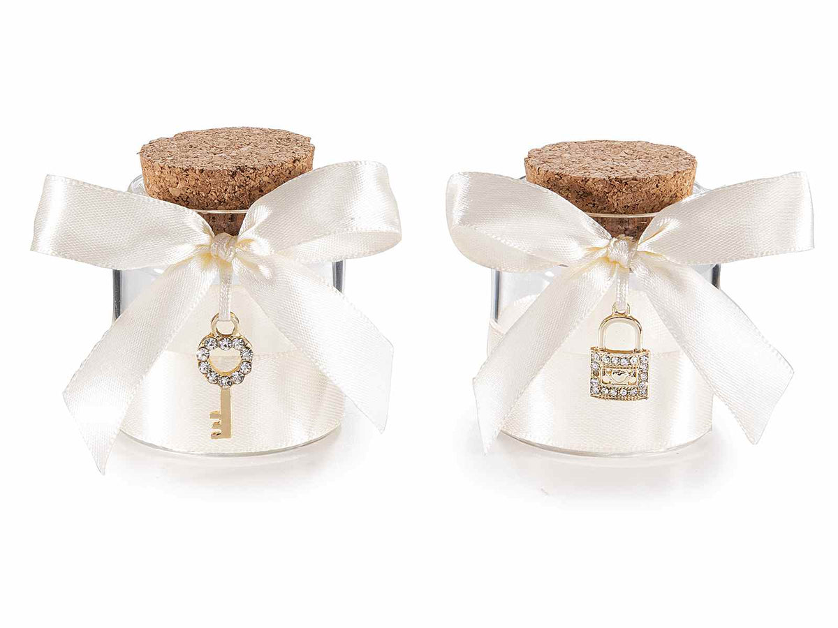 Provette da bomboniera portaconfetti in vetro con tappo in sughero, nastro, set da 20 pezzi, Ø 4,5 cm x 5 H (con tappo 6)