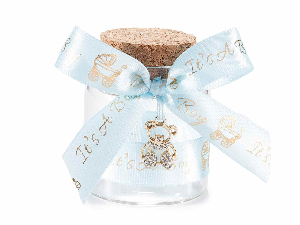 Provette portaconfetti bomboniera bimbo con fiocco azzurro con scritta It's, set da 20 pezzi, Ø 4,5 cm x 5 H (con tappo 6)