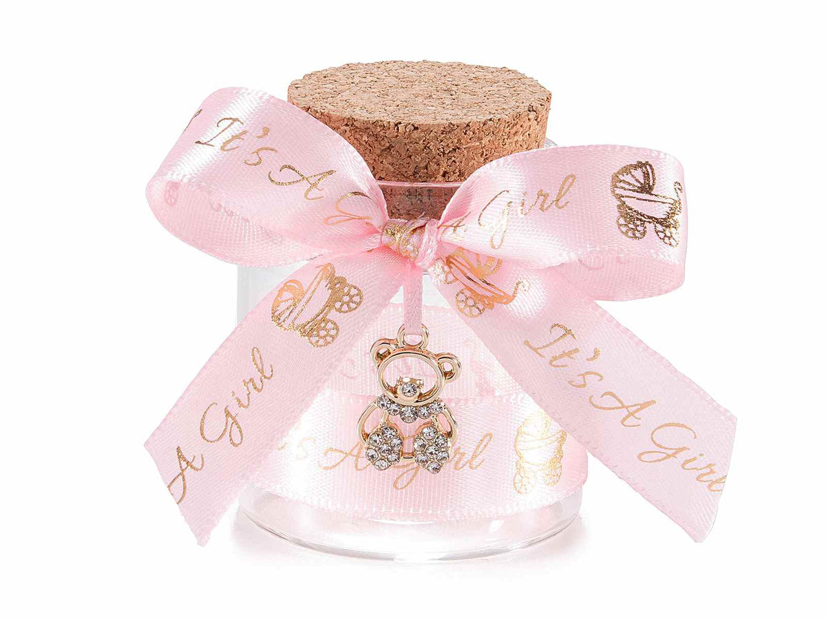Provette portaconfetti bomboniera bimba con fiocco rosa con scritta It's a Girl, set da 20 pezzi, Ø 4,5 cm x 5 H (con tappo 6