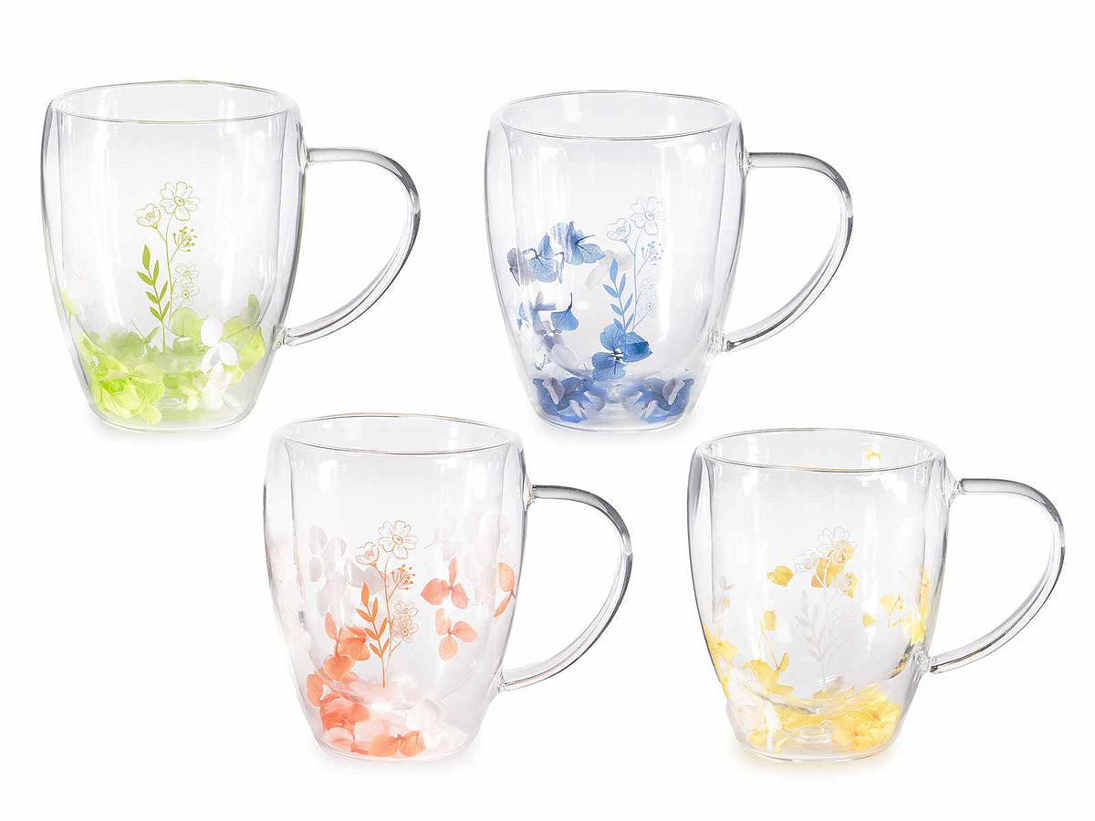 Tazze in vetro borosilicato con doppio fondo e decori con petali colorati, set da 4 pezzi, Ø 9 cm x 11 H