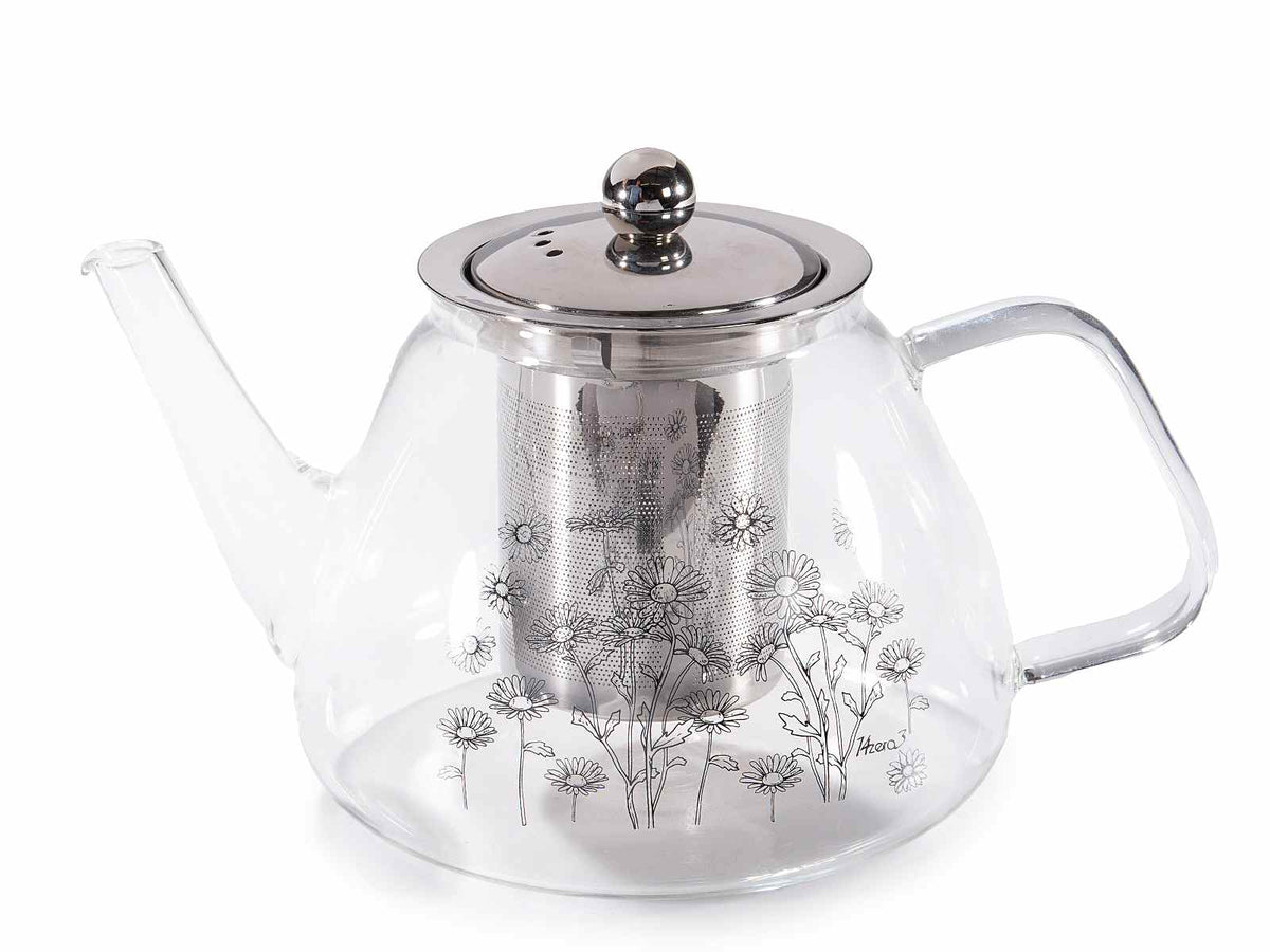 Teiera / tisaniera in vetro decorato per té e tisane con filtro e coperchio, set da 2 pezzi, cm 21,5 x 14 x 12,5 H