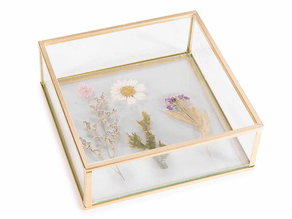 Svuotatasche / portaoggetti in vetro con fiori essiccati decorativi e bordi, set da 2 pezzi, cm 14 x 14 x 5 H