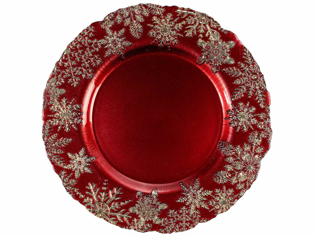 Piatti di Natale tondi in vetro rosso adatti al contatto alimentare con rilievi, set da 2 pezzi, Ø 33 cm
