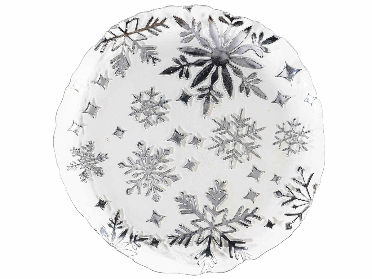 Set di 2 piatti di Natale tondi in vetro adatti al contatto alimentare con rilievi fiocco di neve argentati, Ø 32,5 cm