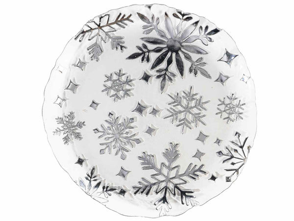 Set di 2 piatti di Natale tondi in vetro adatti al contatto alimentare con rilievi fiocco di neve argentati, Ø 32,5 cm