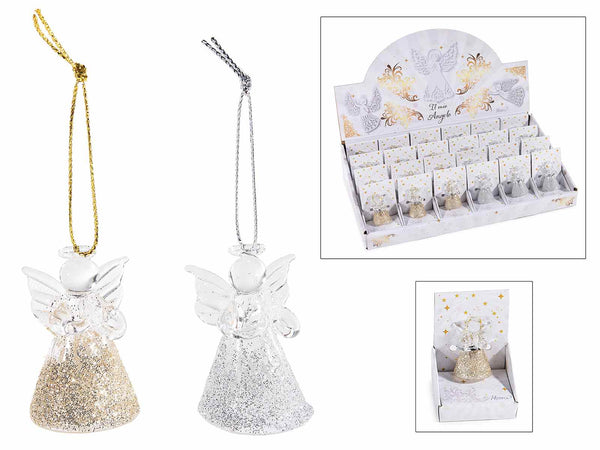 Addobbo albero angioletti di Natale in vetro con glitter oro e argento, set da 24 pezzi, Angelo: cm 3 x 2,5 x 4,5 H