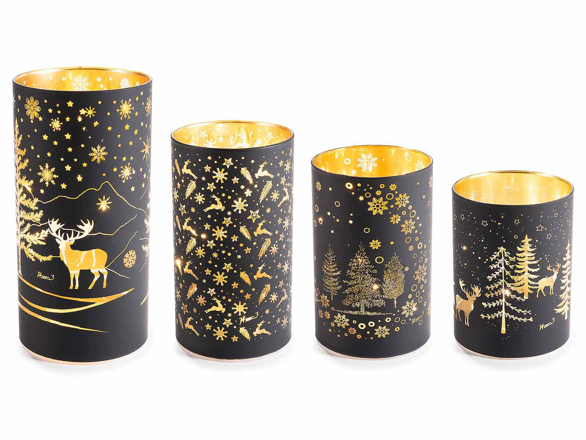 Lampade di Natale in vetro decorato a forma di cilindro luci con LED, Maxi: Ø 10 cm x 20,5 H