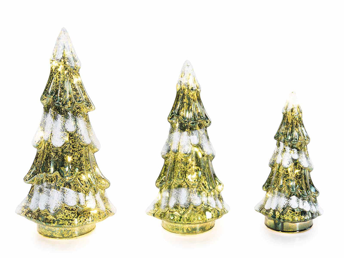Alberi di Natale decorativi con luci LED realizzate in vetro lavorato, Grande: cm 13 x 10,5 x 26 H