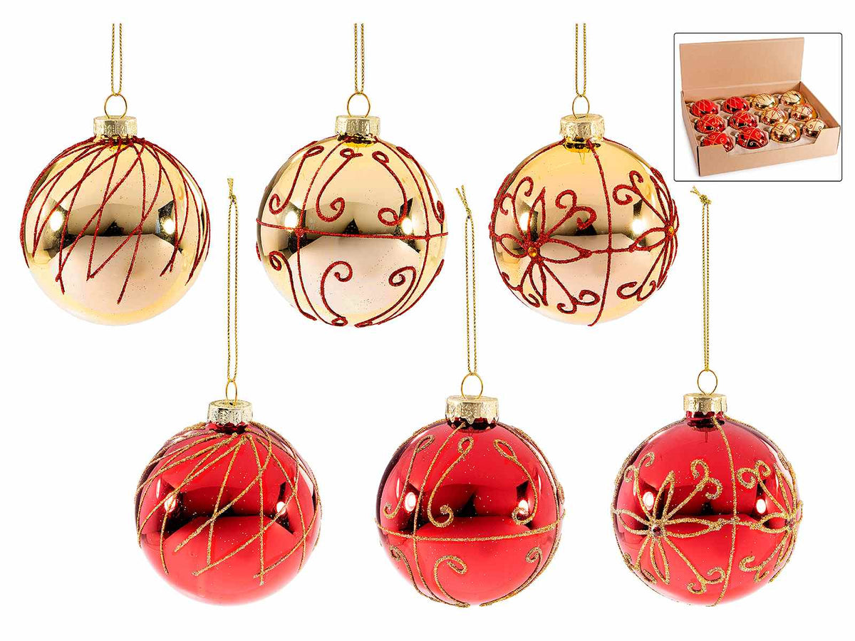 Palline di Natale oro / rosso in vetro da appendere con decori, in espositore, set da 12 pezzi, Ø 8