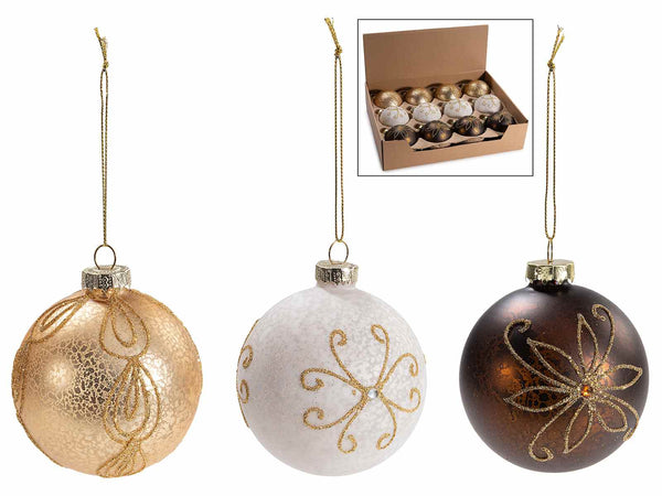 Palline di Natale vetro lavorato con decori da appendere, in espositore da 12, set da 12 pezzi, Ø 8 cm