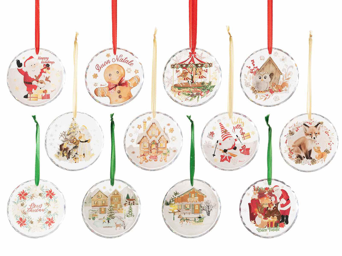 Decorazioni da appendere all'albero di Natale in vetro trasparente con stampe, set da 12 pezzi, Ø 8 cm